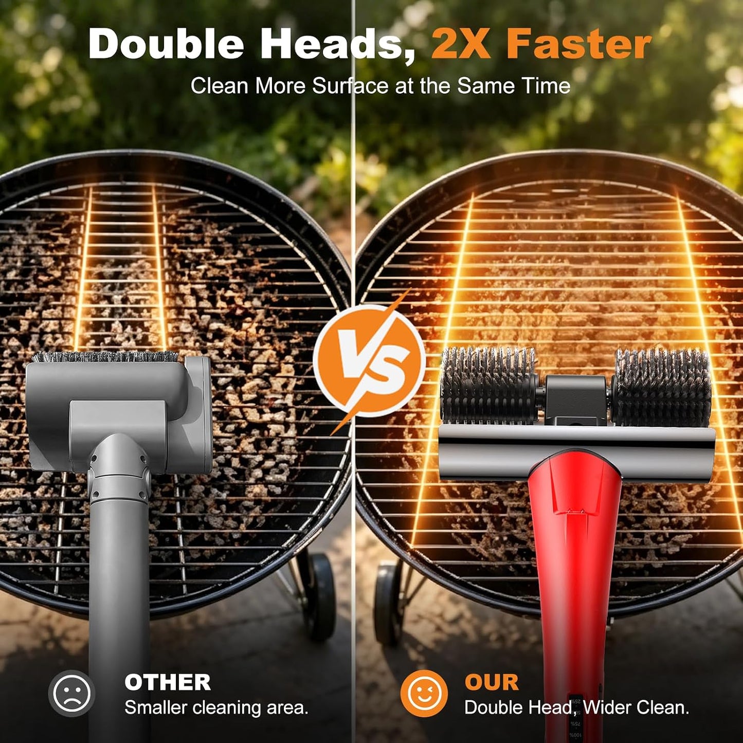 Electric Grill Brush for Outdoor Grill, Cordless BBQ Grill Cleaner with Dual Rotating Heads, 450 RPM Motorized Grill Cleaning Brush with Forward & Reverse, 6-Piece Replaceable Brush Set