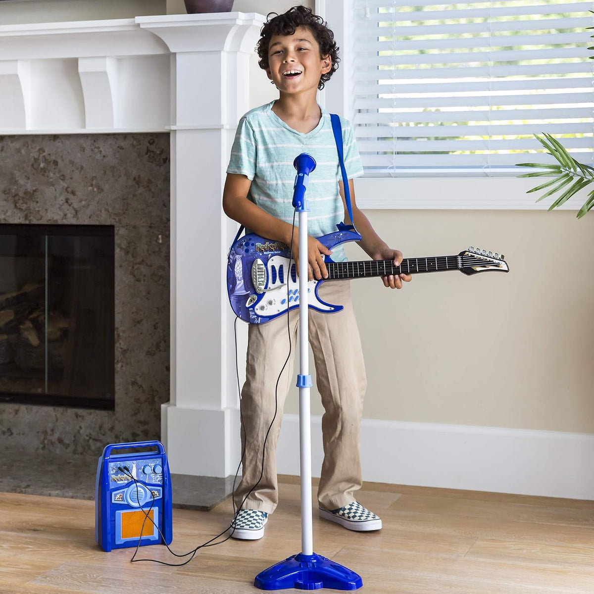 Best Choice Products Kids Electric Guitar Set with Microphone & Amp, Interactive Musical Toy for Boys & Girls, Lights & Sounds, Demo Songs, AUX Input, DIY Stickers - Blue