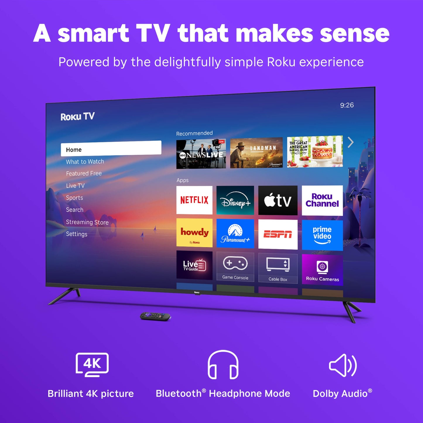 Roku Smart TV 2026 – 55-Inch Select Series, 4K QLED TV – Roku TV with Voice Remote – Flat Screen QLED Television with Wi-Fi for Streaming Live Local News, Sports, & Movies – Bluetooth Headphone Mode