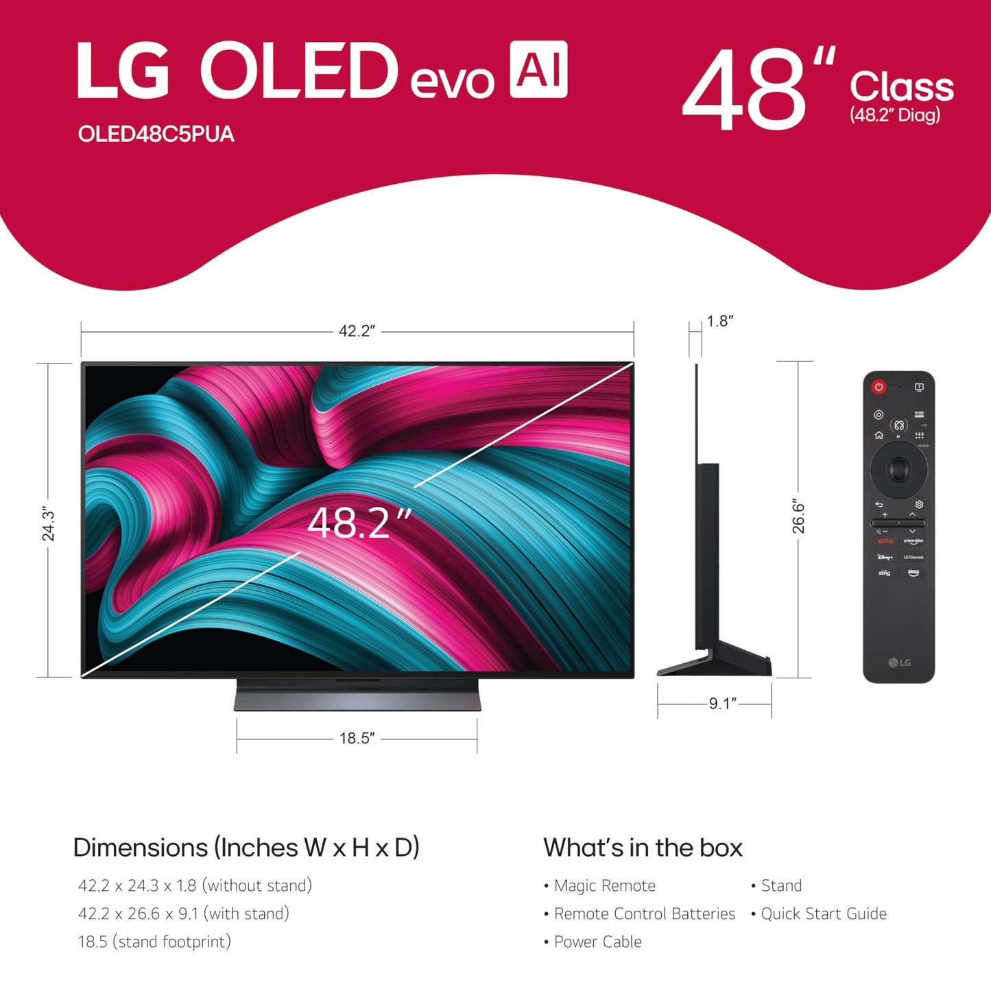 LG 42-Inch Class OLED evo AI Super Upscaling 4K C5 Series Smart TV w/Dolby Atmos & Vision, HDR10, Filmmaker Mode, Wow Orchestra, Alexa Built-in (OLED42C5PUA, 2025)