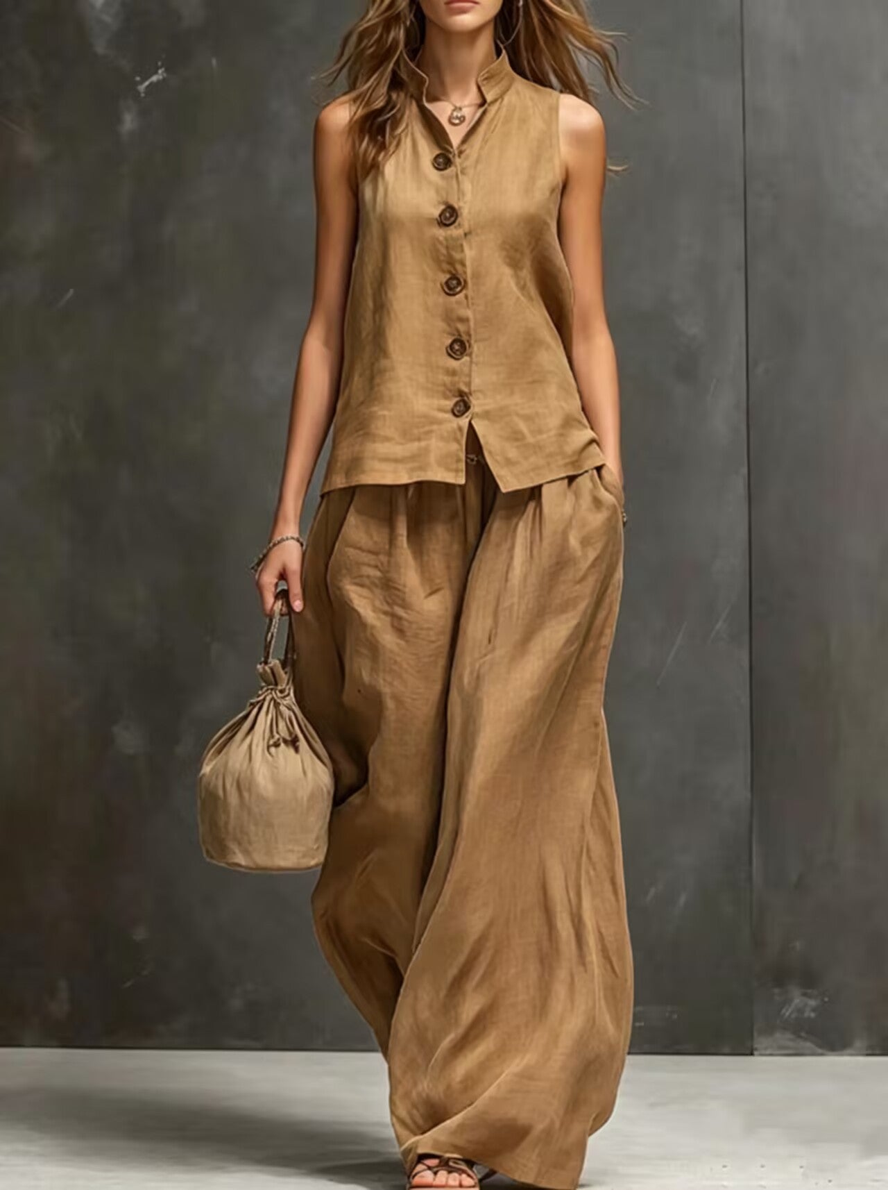 Women's Sleeveless Vest & Wide-Leg Pants Two-Piece Set