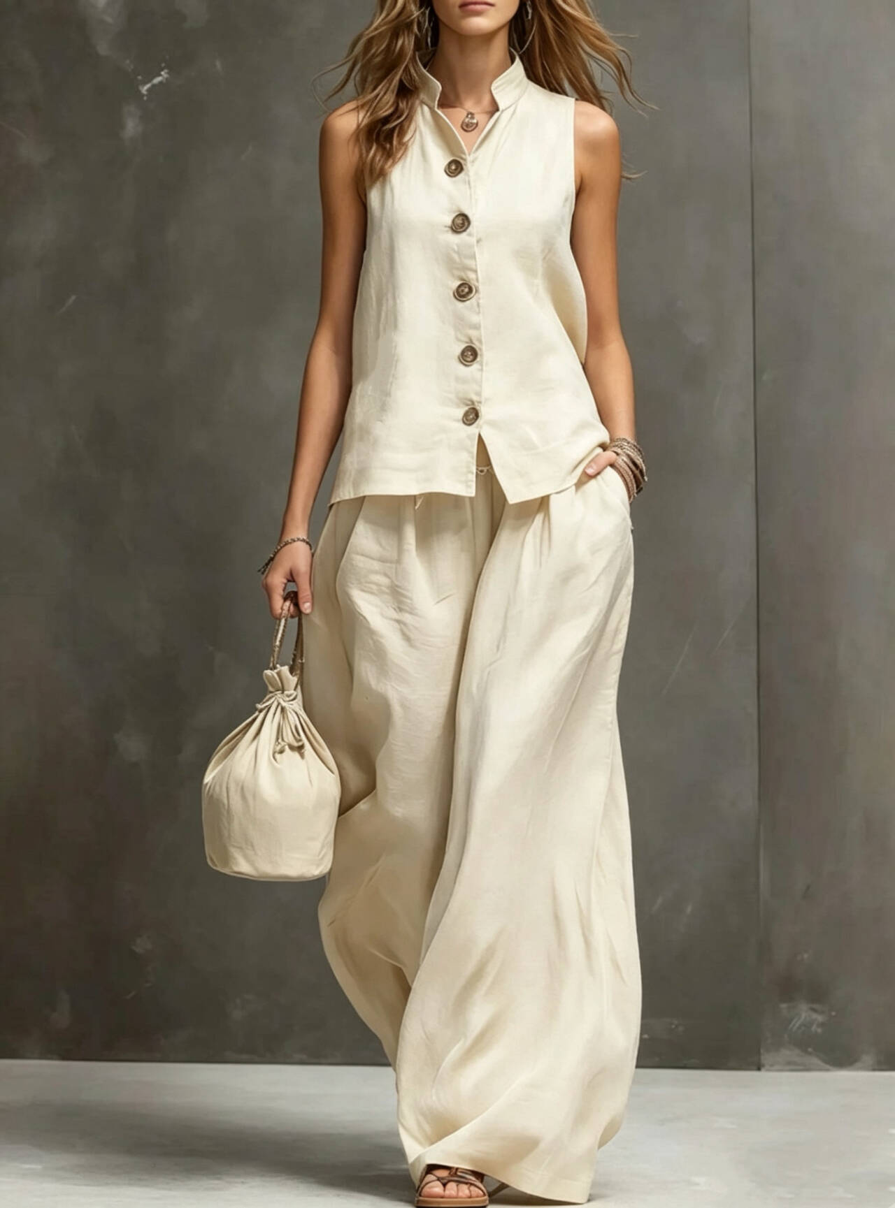 Women's Sleeveless Vest & Wide-Leg Pants Two-Piece Set