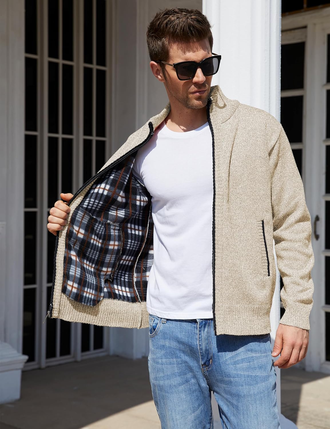 Yeokou Men's Casual Slim Full Zip Thick Knitted Cardigan Sweaters with Pockets