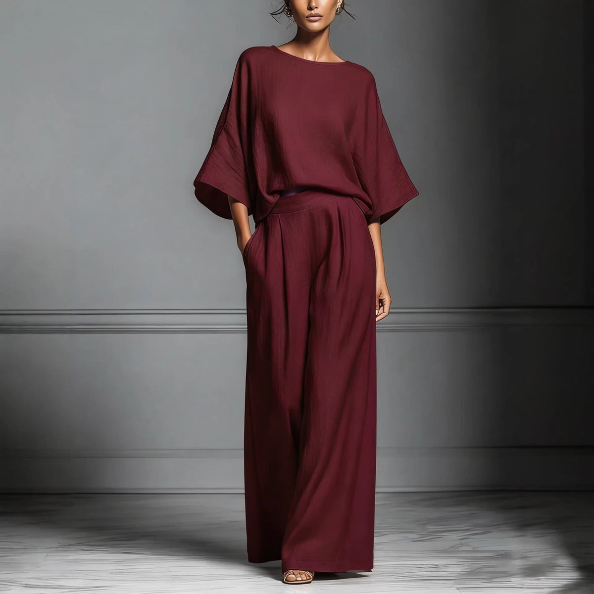 Women’s Flared-Sleeve Linen Suit Two Piece Set