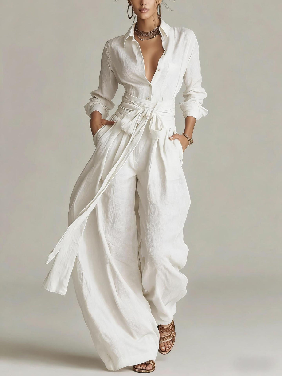 Women's Collar Long Sleeve Top & High-Waist Pants Two-Piece Set – 5 Colors