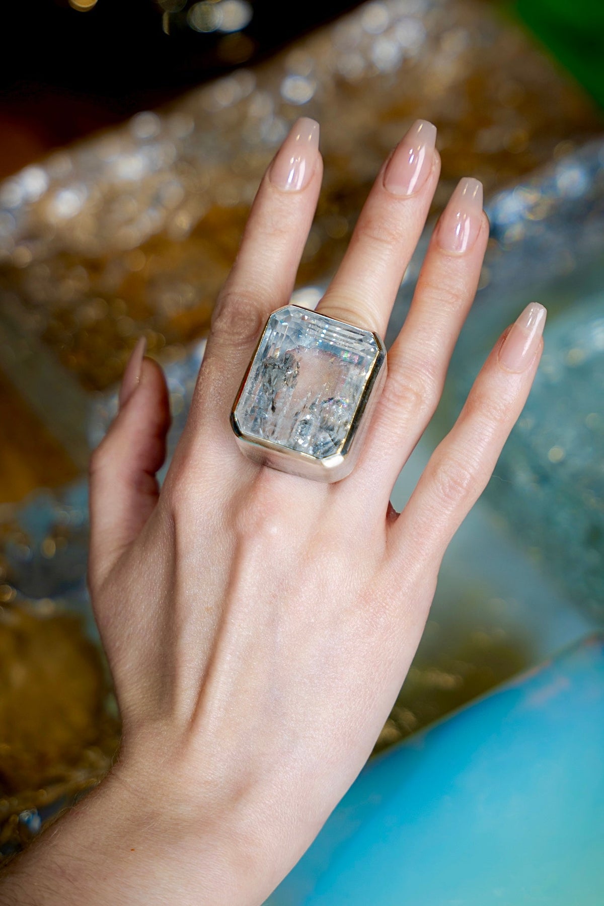 Square Goliath Ring in Striated Crystal (Silver)