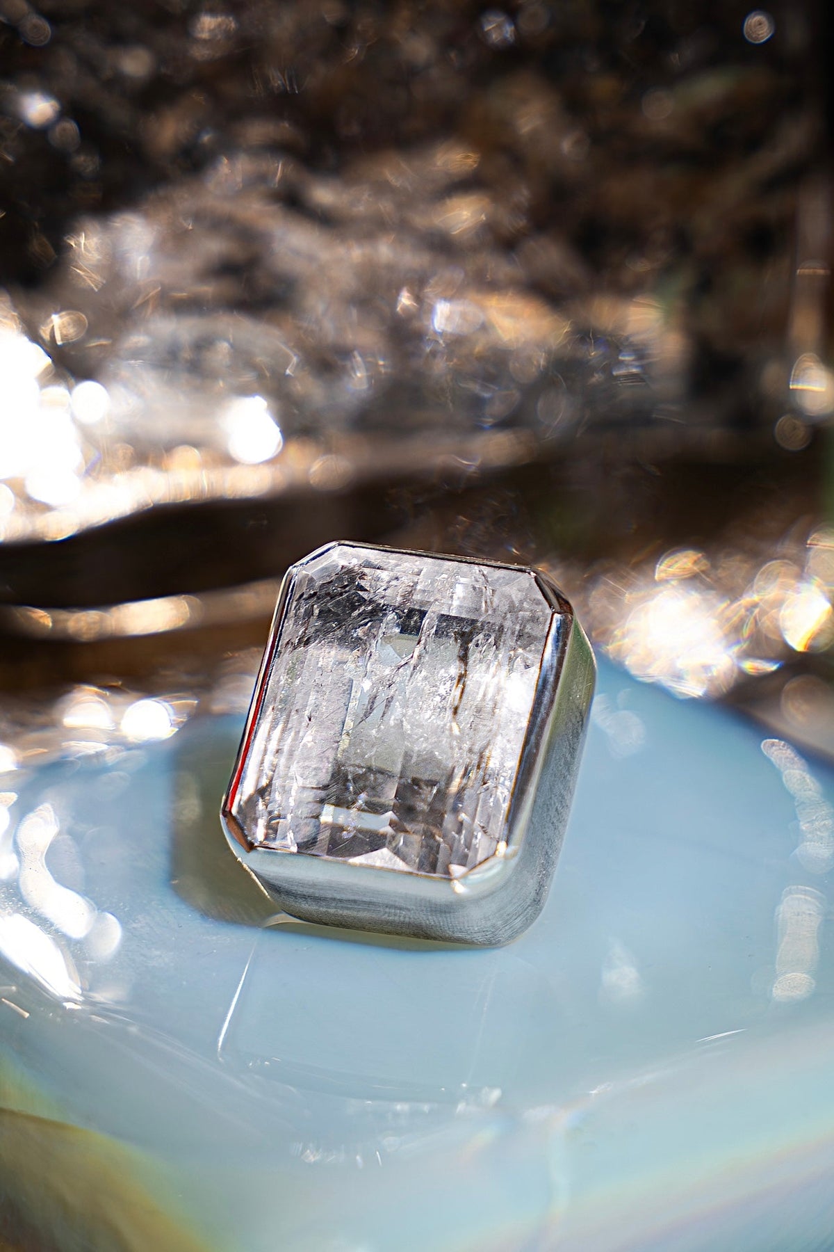 Square Goliath Ring in Striated Crystal (Silver)