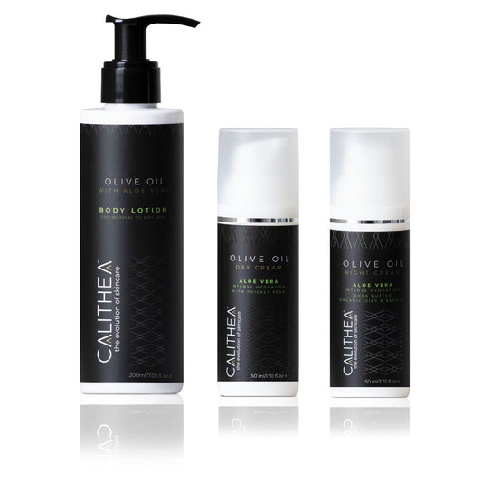 Olive Oil & Aloe Vera Skincare Set - Day Cream, Night Cream, & Body Lotion