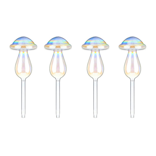 4Pcs Clear Glass Plant Watering Globes Iridescent Rainbow Gradient Mushroom Self-Watering Container Plant Self-Watering System Automatic Irrigation De