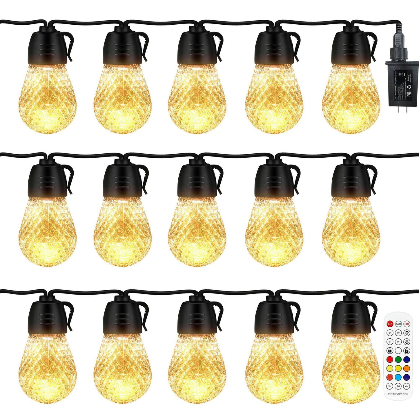 52.5FT Colorful Outdoor String Lights Smart RGB LED Patio Lights IP66 Waterproof Dimmable Hanging Light Bulbs with APP/ Remote Control 15 Bulbs