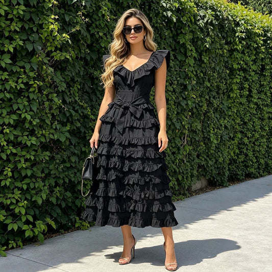 Summer Elegant Retro Flying Sleeves V neck Waist Controlled Slimming Solid Color Tiered Dress Women