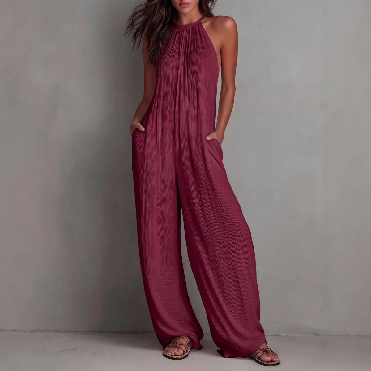 Women's Sleeveless Open-Back Wide-Leg Pleated Jumpsuit