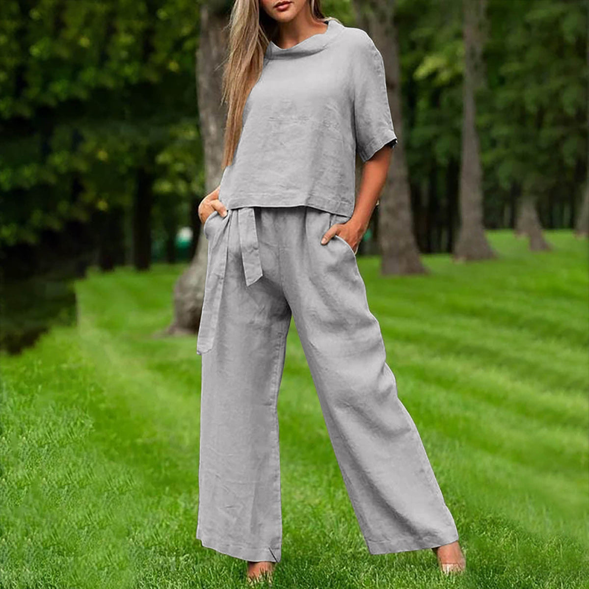 Round-Neck 3/4 Sleeve Top & Pants Two-Piece Set – 6 Colors, S–XXL