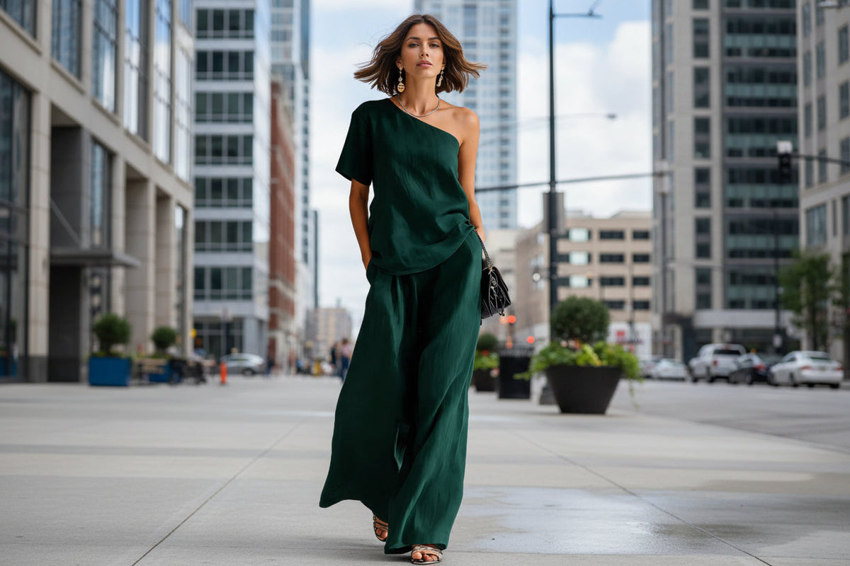 Women's Wide-Leg Pants & Top Set – 2-Piece Three-Quarter Sleeve Outfit