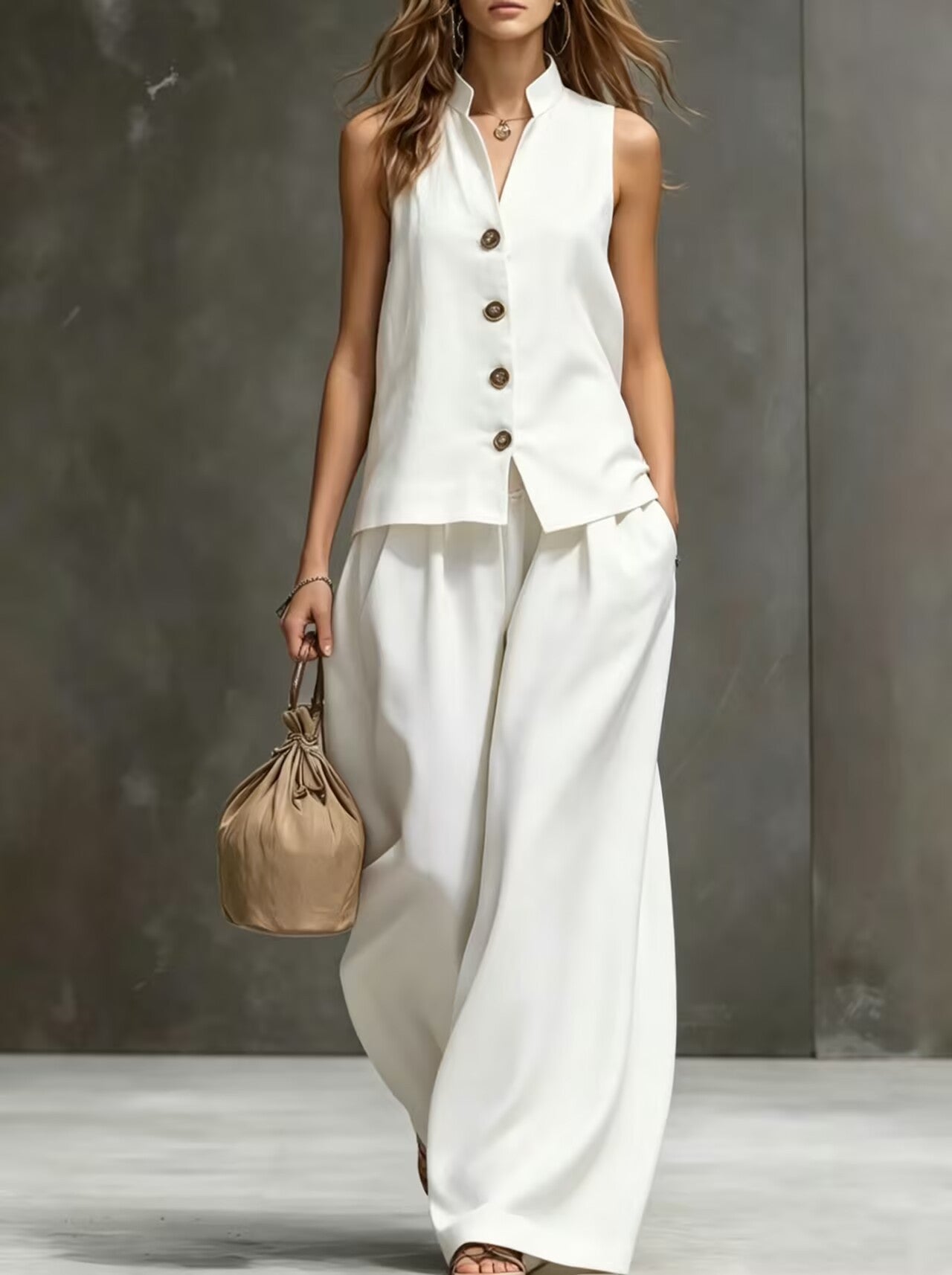 Women's Sleeveless Vest & Wide-Leg Pants Two-Piece Set