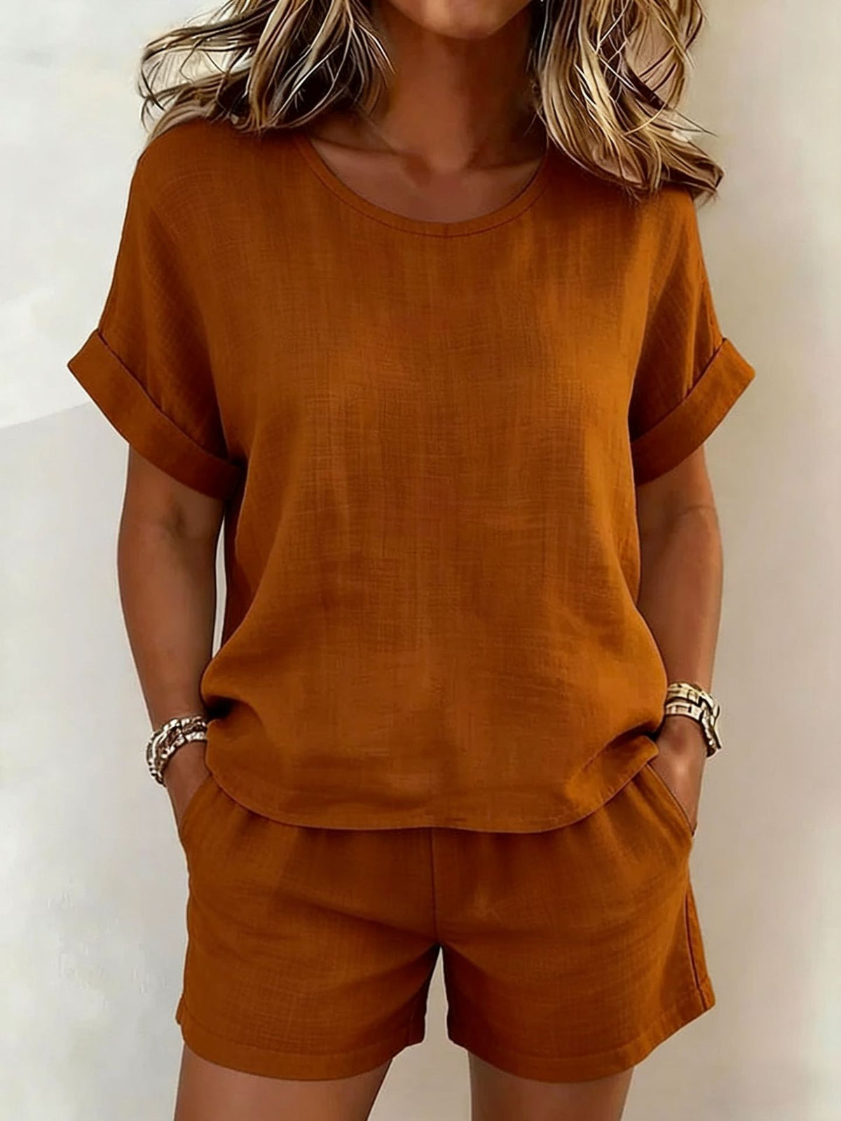 Solid-Color T-Shirt & Shorts Set – Cotton Linen, 10 Colors