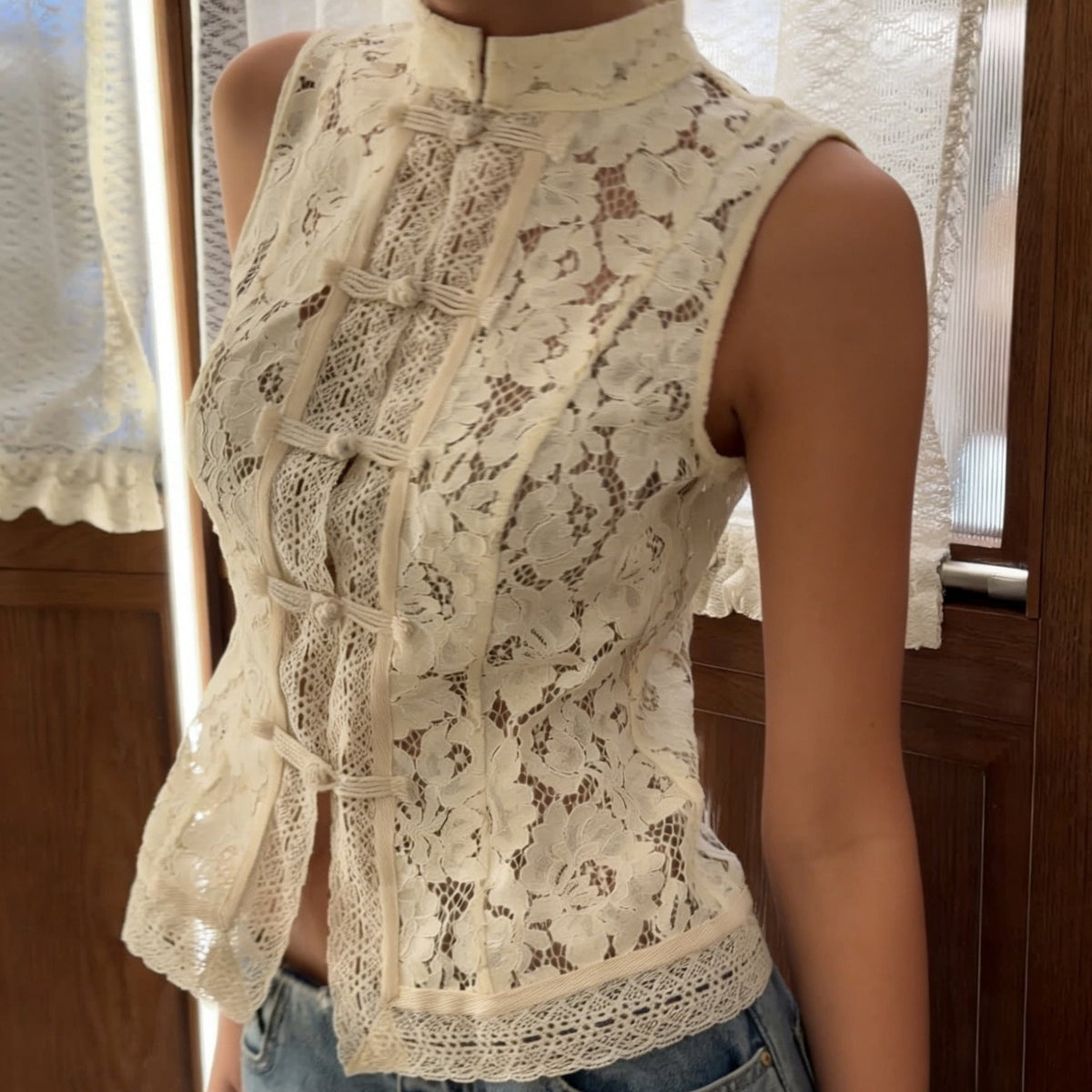 Lace Crochet Stand Collar Slim-Fit Sleeveless Top – 3 Colors, S–L