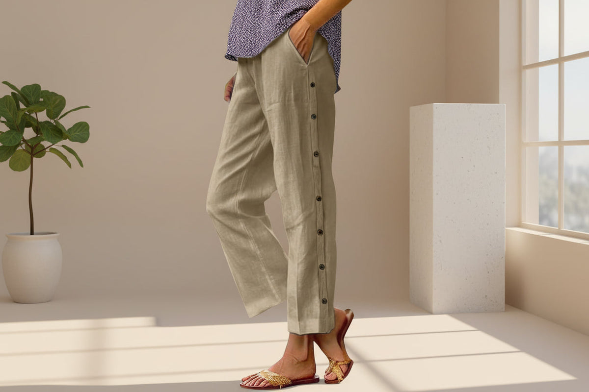 Cropped Pants With Decorative Buttons Along the Side Seams
