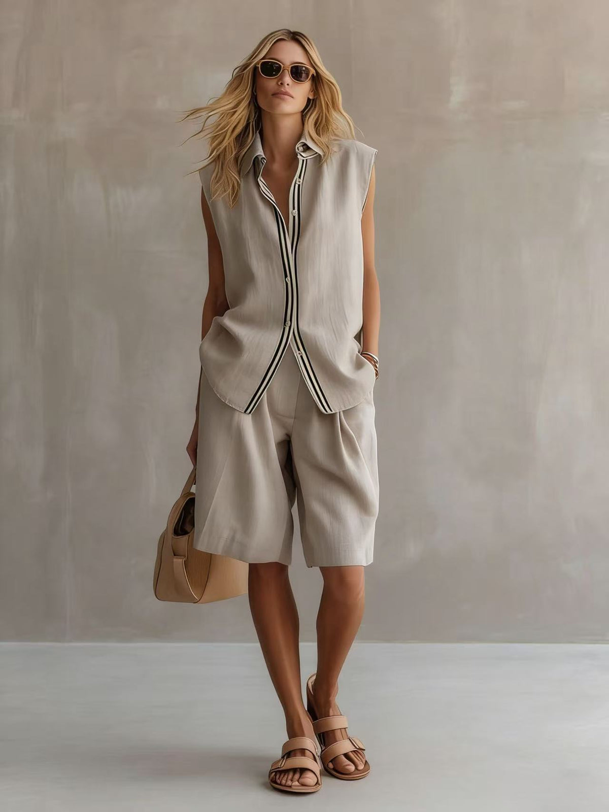 Women's Linen Shirt and Shorts Set – Sleeveless Summer Two-Piece